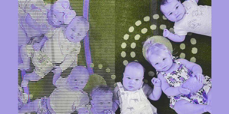 Three baby photograph lying down facing up to camera all colour with a purple tint
