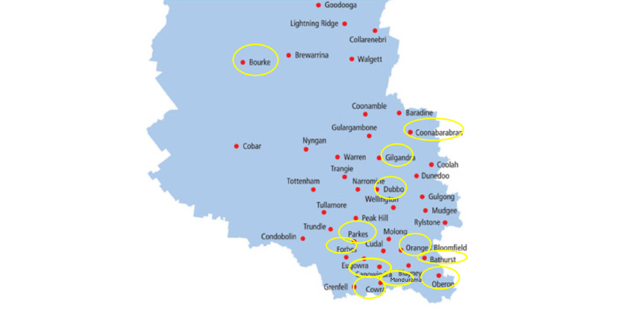 Blue map of NSW region with trial locations marked.