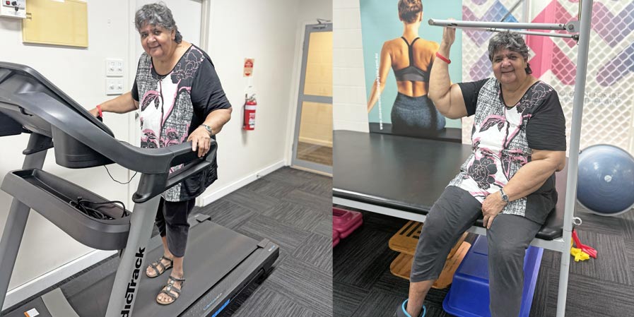 Left: Gloria on a treadmill. Right: Gloria strength exercising.