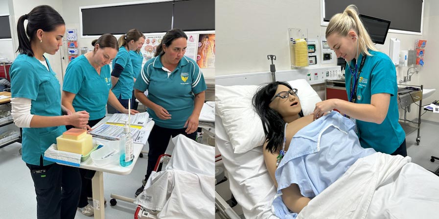Left: Teamwork in action. Right: Student practicing assessment skills.