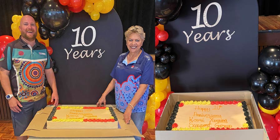 Two people on either side of large cake with sign saying saying 10 Years. Right close up of cake