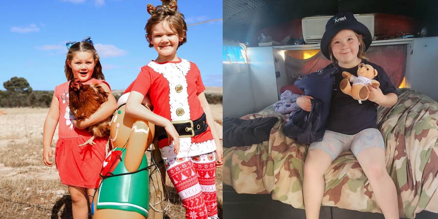 Left: Billie, her beloved chicken and big sister Jess on their property in Bramfield. Right: Billie with her Angel Flight Junior High Flyers kit