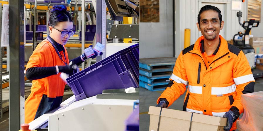 Left: Ja Seng. Right: Myo. Both working with packing boxes in a warehouse.